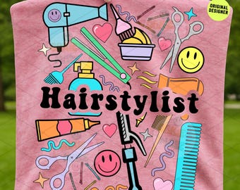 Hairstylist Png Digital Download Cute Hair Salon Stylist Tools Scissors Blow Dryer Comb Curling Iron Funny Hairdresser Graphic beautician