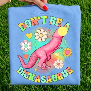 Puede incluir: Sudadera azul claro con un diseño de dinosaurio rosa. El dinosaurio es una ilustración estilizada con el texto "DON'T BE A DICKASAURUS" en arcoíris. El diseño incluye flores, corazones y estrellas.