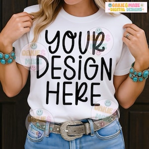ホワイトTシャツモックアップPNG、ベラキャンバスjpegウエスタンカウガールモックアップ、デジタルダウンロードTシャツモックアップ、あなたのデザインをここにライフスタイルモデル