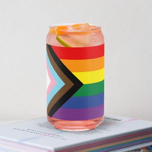 Pride Progress Flag Glass Can: LGBTQ+ Rainbow Drinkware