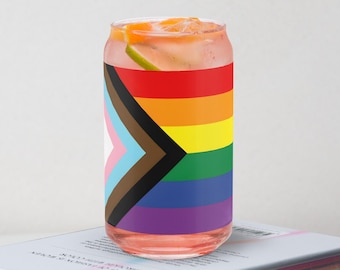 Pride Progress Flag Glass Can: LGBTQ+ Rainbow Drinkware