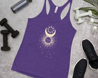 Sun, Stars and Moon Women's Racerback Tank, Astrological Symbols, Cosmos Yoga Tank Top, Celestial Gym Wear