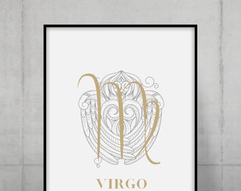 Impresión del zodiaco Virgo / Idea de regalo personalizada para recién nacidos / Arte de pared con el signo zodiacal / Póster enmarcado para decoración del hogar