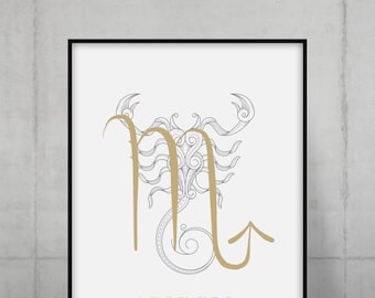 May include: A white background with a gold outline of the astrological sign Scorpio. The sign is stylized with intricate details and the word "SCORPIO" is written below it.