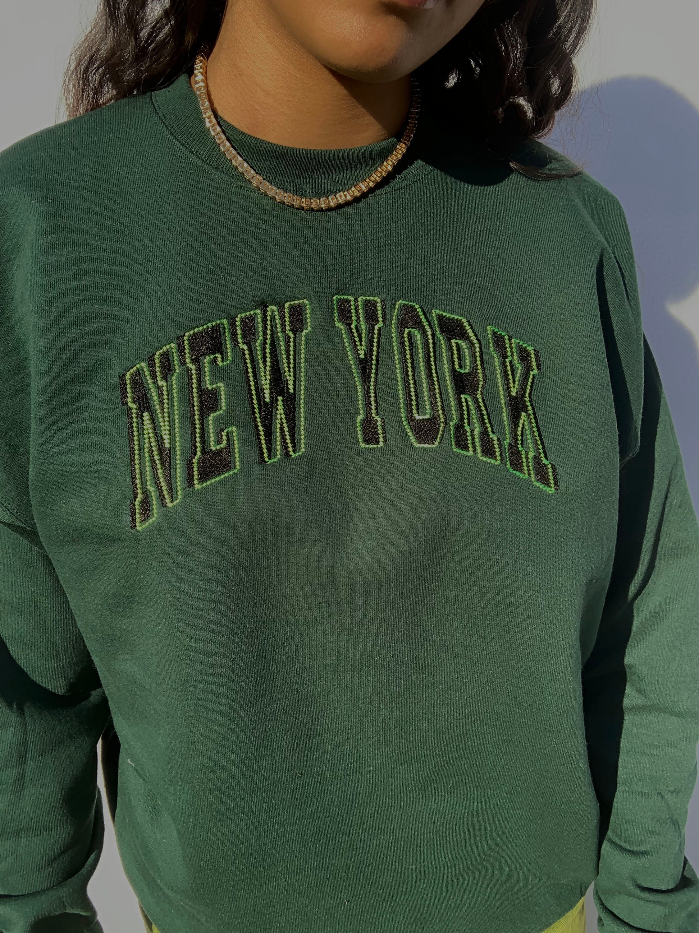 New York Crewneck, NYC Green Embroidered Sweatshirt, Unisex New York Crewneck, NYC Green Embroidered Sweatshirt, Unisex