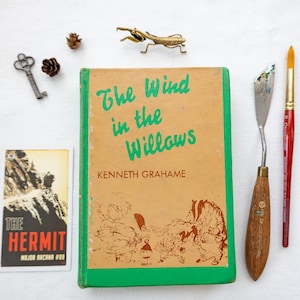 May include: A vintage book titled "The Wind in the Willows" with green and tan cover, alongside a tarot card, a key, a brass insect figurine, a pine cone, a palette knife, and a paintbrush.