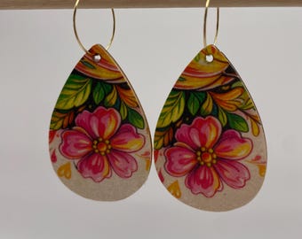 Handcrafted Autumn Flower lightweight wooden dangle earrings. Decoupage teardrops on hoops. Beautiful Autumnal Jewellery pink floral gift