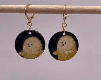 Cute Ghostie Halloween handcrafted lightweight wooden dangle earrings. Decoupage circles on huggie hoops. Autumn Ghost black white gold