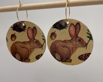 Beautiful rabbit handcrafted lightweight wooden dangle earrings. Decoupage circles on hoops. Autumn jewellery woodland gift nature autumnal