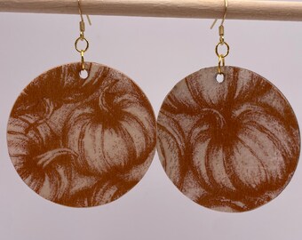 Handcrafted Halloween Pumpkin Autumn print lightweight wooden dangle earrings. Decoupage circles on hooks. Autumnal Jewellery gift orange
