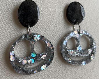 Clearance Sale. Handmade Halloween Jack Skull Skeleton Dangle Drop Earrings.  black & silver Glitter. Sterling silver posts. Item no 182