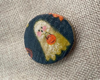 Handcrafted Halloween Wooden Brooch.  Ghost with pumpkin print decoupage Autumnal Jewellery gift pin badge round wood slice unique spooky