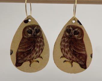Beautiful owl handcrafted lightweight wooden dangle earrings. Decoupage teardrops on hoops. Autumn jewellery woodland gift nature autumnal
