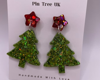 Handmade Resin Christmas Tree Dangle Earrings. Cute Xmas Gift. With Star. chunky glitter. Red and Green