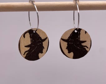 Spooky Witch Handcrafted Halloween lightweight wooden dangle earrings. Decoupage circles on hoops. Jewellery gift. Black & white witchy