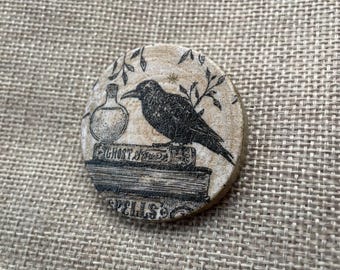 Handcrafted Halloween Wooden Brooch. Crow magic spell book potion black bird print decoupage Jewellery gift pin badge round slice unique