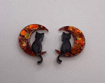 Handmade Cat on Moon Resin Stud Earrings. Kitty Halloween Spooky Jewellery Gift Party. Choose your colour combination. Black silver orange