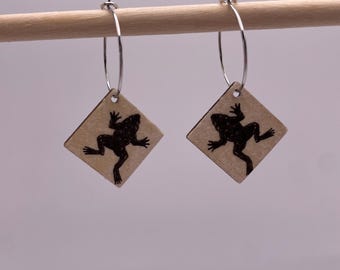 Handcrafted frog lightweight wooden earrings. Decoupage diamond shapes on hoops. Jewellery gift. Black and white toad animal frogs toads