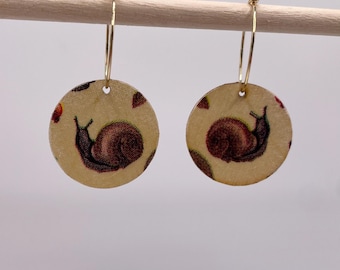Handcrafted snail lightweight wooden earrings. Decoupage circles on hoops. Jewellery gift. Nature autumnal autumn animal insect woodland