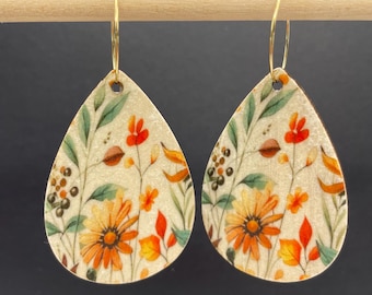 Handcrafted Autumn Flower lightweight wooden dangle earrings. Decoupage teardrops on hoops. Beautiful Autumnal Jewellery floral gift yellow