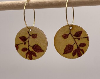 Cute Handcrafted Autumn leaves lightweight wooden dangle earrings. Decoupage circles on hoops. Autumnal Jewellery. Leaf tree branch plant