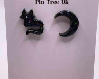 Handmade mismatched Cat & Moon Stud Earrings. Kitty Halloween Spooky Jewellery Gift. Choose your own colour glitter. Black pink blue green