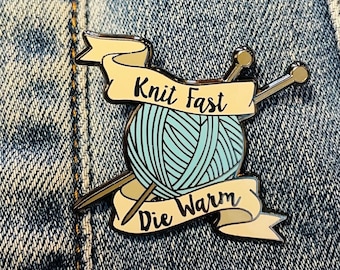 Knit Fast Die Warm Enamel Pin Badge. In Handmade Gift Bag. Brooch Quirky Gift Crafter Yarn Ball Knitter Knitting Needle Knit Accessory Pouch