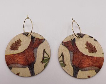 Beautiful fox handcrafted lightweight wooden dangle earrings. Decoupage circles on hoops. Autumn jewellery woodland gift nature autumnal