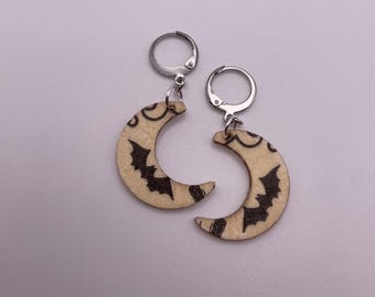 Spooky Bat Handcrafted Halloween lightweight wooden dangle earrings. Decoupage moons on huggie hoops. Jewellery gift Black & white moon bats