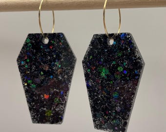 Handmade Glittery Resin Coffin Earrings.  Halloween Spooky Jewellery Gift Party Choose your own colour glitter Black silver pink gold purple