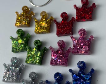 SIX The Musical inspired handmade glitter queen crown earrings. 6 pairs of interchangeable crowns. Gold Green Silver Red Pink and Blue