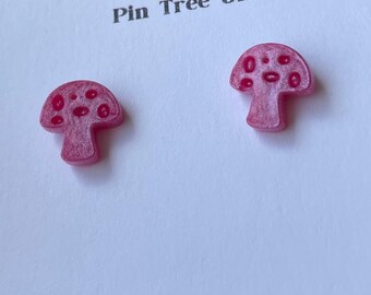 Handmade Mushroom Stud Earrings. Super cute gift. Choose your own colour pigment. Toadstool Black gold silver purple pink blue green orange