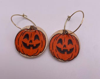 Cute Halloween Orange Pumpkin handcrafted lightweight wooden dangle earrings. Decoupage circles on hoops.  Autumn Jewellery. Jack o lantern