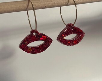 Handmade Glittery Resin Lips Earrings. Jewellery Gift Party. Choose your own colour glitter black silver pink gold purple red blue white