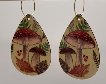 Handcrafted Autumn toadstool lightweight wooden dangle earrings. Decoupage teardrops on hoops. Autumnal Jewellery gift mushroom pinecone