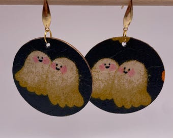 Cute Ghost Couple Halloween handcrafted lightweight wooden dangle earrings. Decoupage circles on hooks. Autumn black white ghosties ghosts
