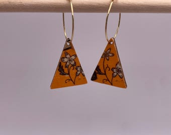 Beautiful handcrafted lightweight wooden dangle earrings. Decoupage triangles on hoops. jewellery birthday gift. Autumn leaves flowers