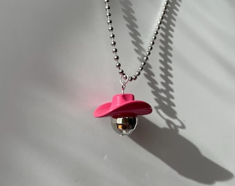 Handcrafted cowboy hat disco ball pendant. Choose your own hat colour and ball chain length. Cowgirl Hats Sparkly jewellery mirrorball