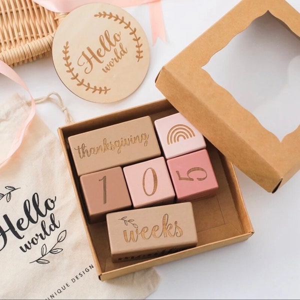 1 Set Pink/Blue Milestone Wooden Block Set with Box | Baby Birth Photography Prop Blocks | Newborn Photography Props Set | Various Occasions