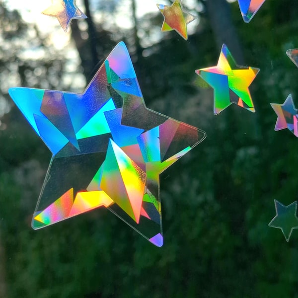Star Suncatcher Window Stickers, Set of 20+ Rainbow Prism Decals - Renter Friendly! Mixed Sizes~