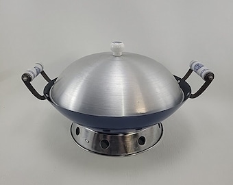 Wok en acier avec couvercle et base en aluminium, fond rond bleu de 14 pouces à deux poignées