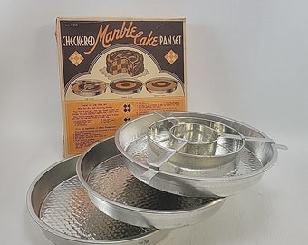 Ensemble de 4 moules à gâteau en marbre à carreaux vintage # 400 avec boîte par Chicago Metallic USA