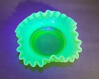 Fenton Green Opalescent Glass Hobnail Uranium Glass Hobnail Ruffled Bonbon Candy