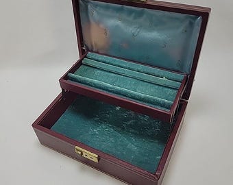 Vtg Tan Brown Leatherette Jewelry Box Velvet Lining