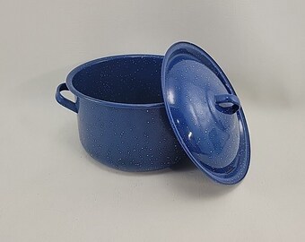 Vintage Blue Speckled Enamelware Rustic Pot with Lid and Handles 7 1/2"