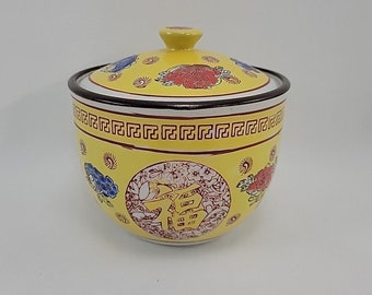 Bol chinois avec couvercle en porcelaine peint à la main de motifs floraux Jaune