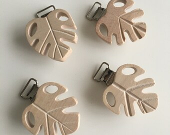 Wooden Pacifier Clip, Monstera Leaf Pacifier Clip, Natural Beech Wood Clip, Untreated Wooden Clip High Quality