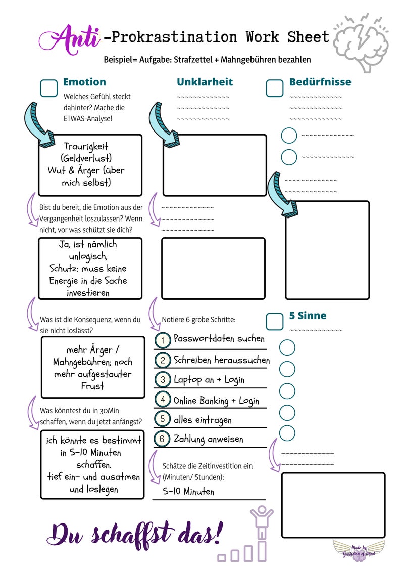 May include: A worksheet titled "Anti-Prokrastination Work Sheet" with a brain graphic and lightning bolt. The worksheet is divided into sections with headings: "Emotion", "Unklarheit", "Bed&uuml;rfnisse", "5 Sinne". Each section has a checklist and space for writing. The worksheet also includes a section titled "Notiere 6 grobe Schritte" with a numbered list of steps. The worksheet is designed to help people overcome procrastination.