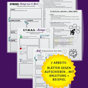 May include: A set of seven printable worksheets designed to help manage stress and procrastination. The worksheets feature colorful illustrations and text in German. The title of the set is "Selbstmanagement Mini Set".