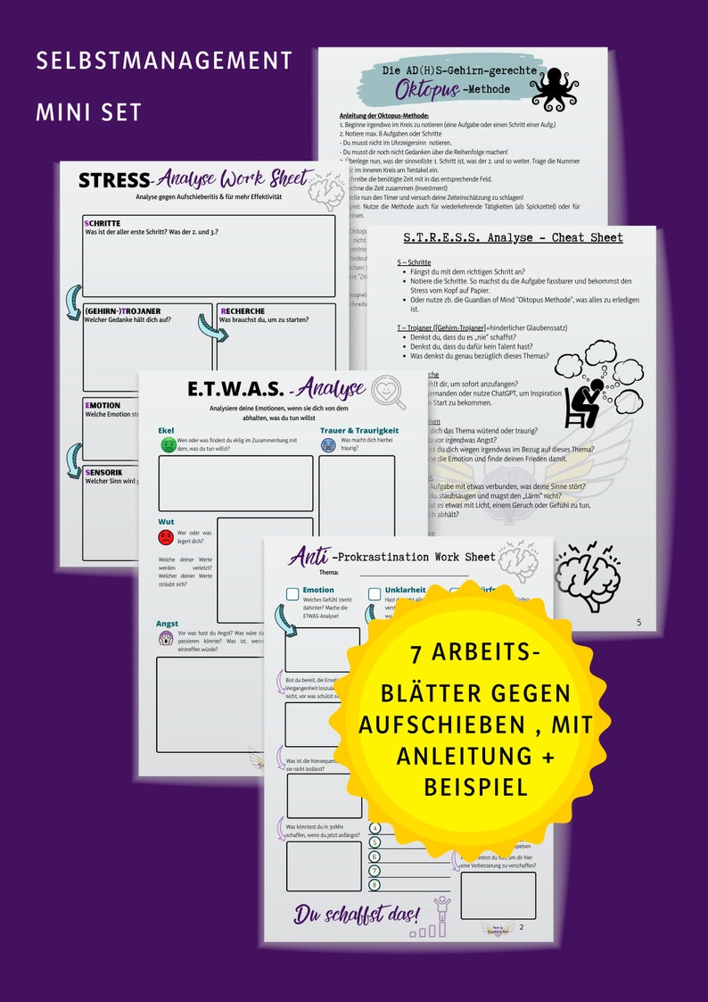 May include: A set of seven printable worksheets designed to help manage stress and procrastination. The worksheets feature colorful illustrations and text in German. The title of the set is "Selbstmanagement Mini Set".